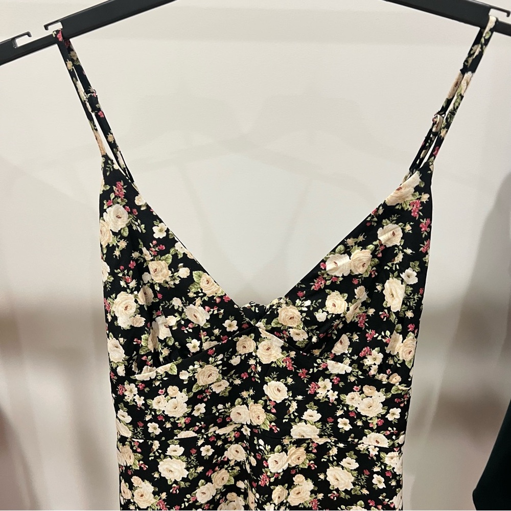 Floral Slip Dress in Black with Cream Roses